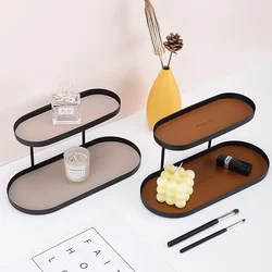 Iron+PU Leather Double Layered Storage Racks Ornament Perfume Cosmetics Vestibule Kitchen Bedroom Desktop Display Home Organizer