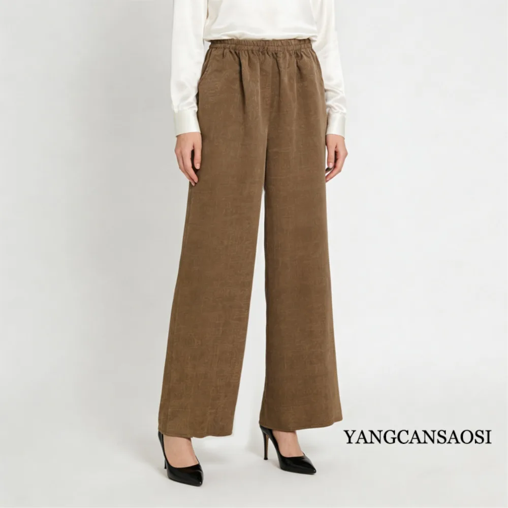 2026 Women's Fashion Spring Clothing 100% Natural Mulberry Silk Gambiered Guangdong Gauze Turtles Cracked Loose Straight Pants