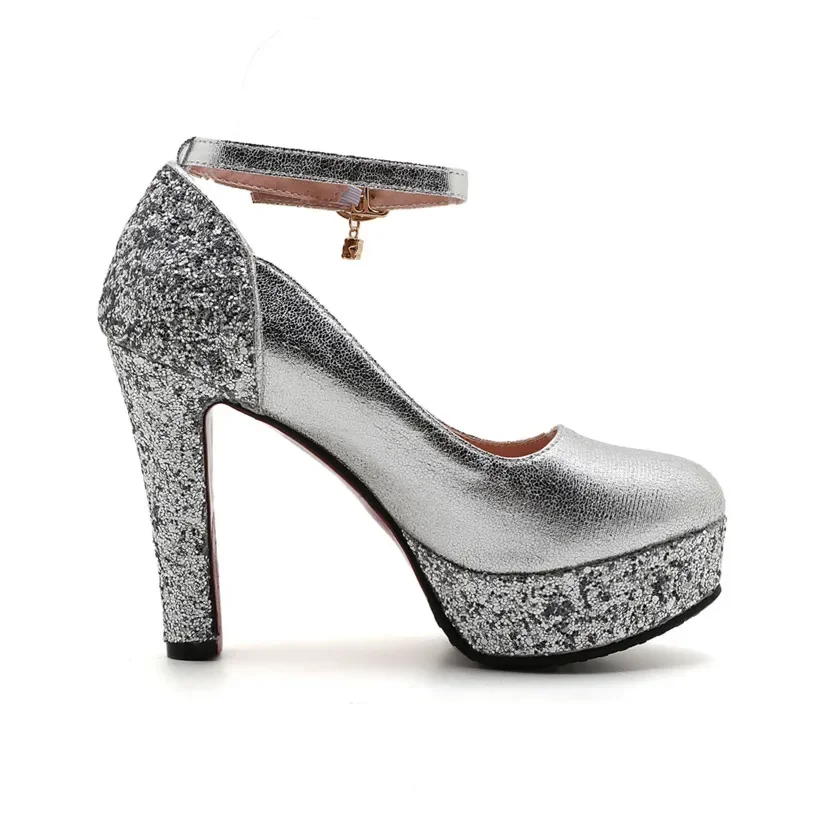 Silver Gold Women Platform Pumps 12cm Spike High Chunky Heels Sequined Cloth Round Toe Wedding Party Ankle Strap Ladies Stiletto