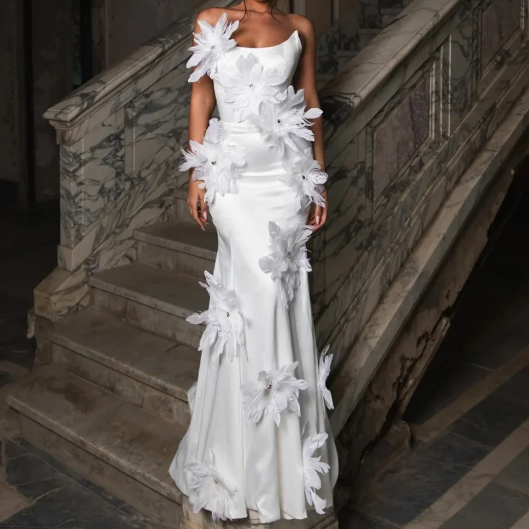 

Paloda Dapper Trumpet Wedding Dress for Women Feather Scoop Neck Sleeveless Rhinestones Vestido De Casamento Customized