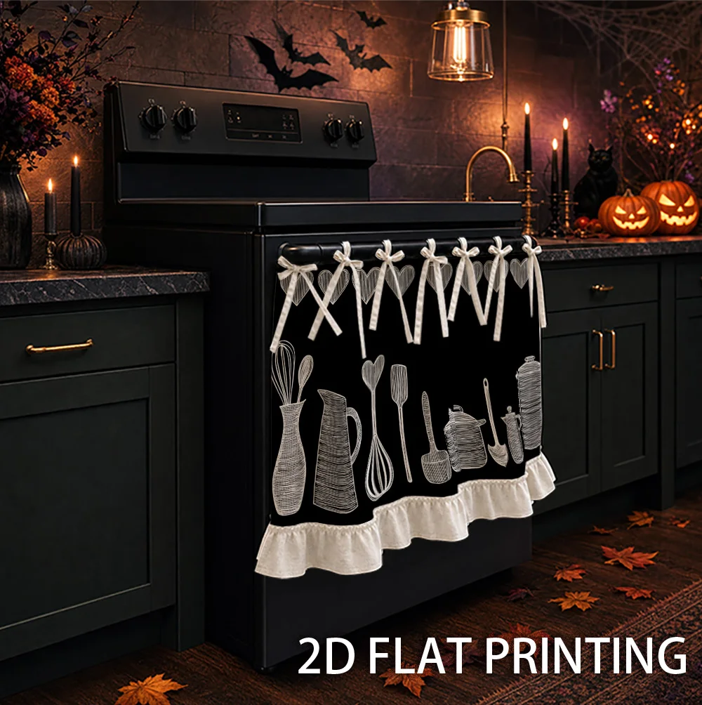 1PC kitchen stove curtain, cabinet curtain and apron. Designed with 2D graphics and printed with black and white style kitchenwa