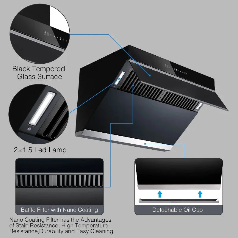 Tieasy 900 CFM 30 Inch Wall Mount Under Cinet Range Hood Heating Auto Cleaning Stainless Steel