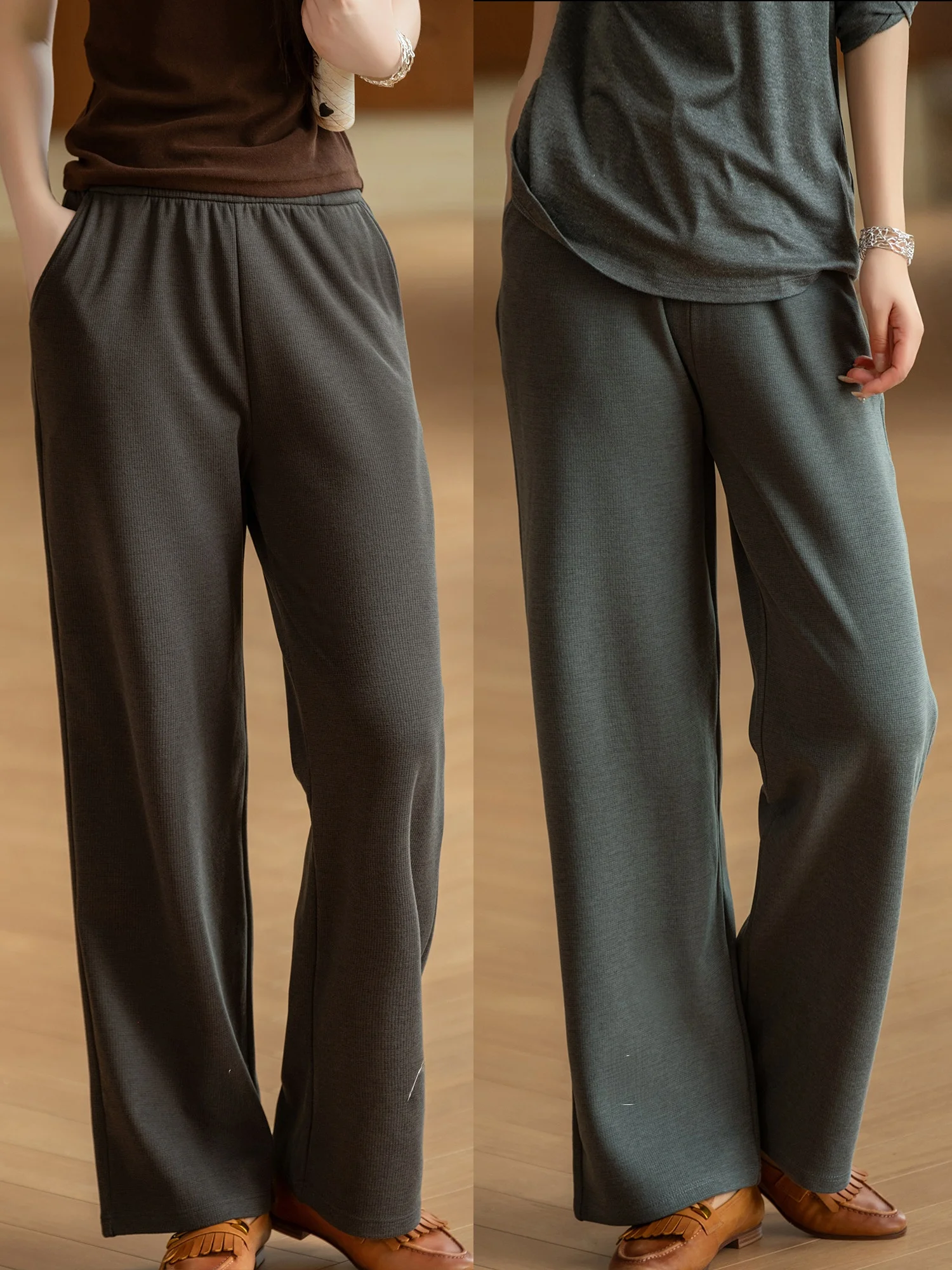 Silky Smooth Woolen Straight Leg Pants Elastic Narrow Version Casual Trousers for Women by Little Ear Production