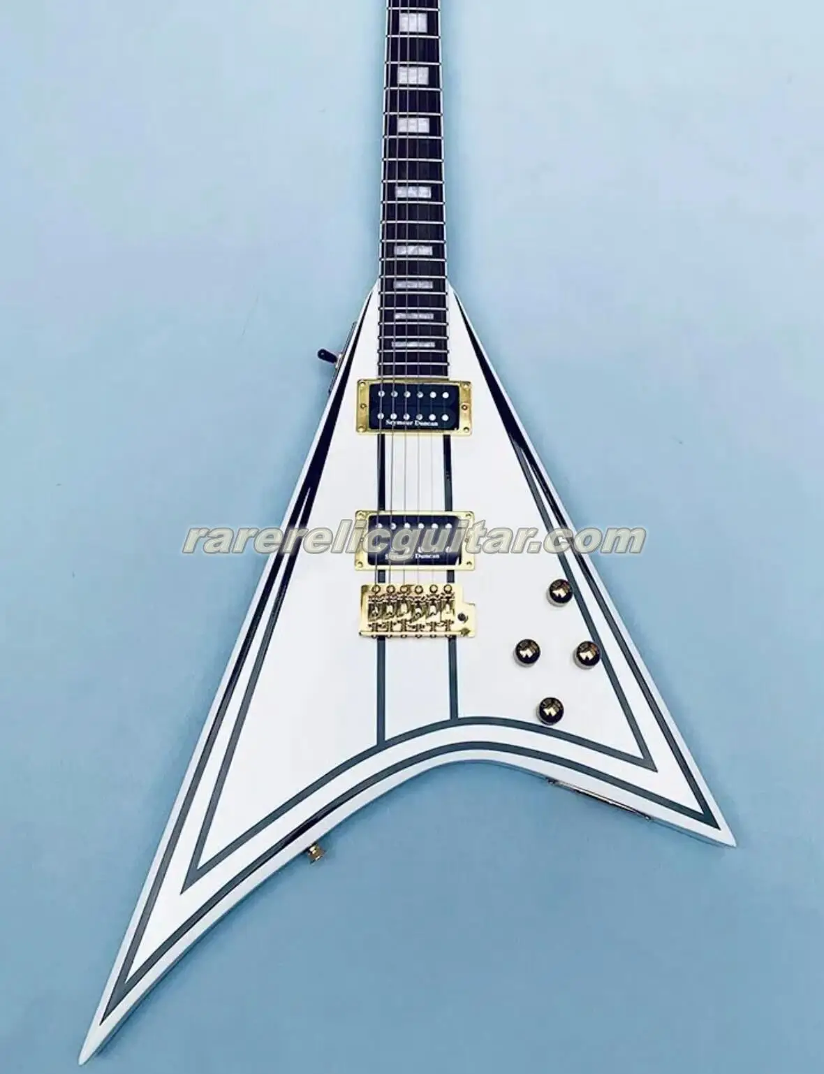 Randy Rhoads RR 1 Black Pinstripe White Concorde V Electric Guitar White Neck Binding Tremolo Bridge Whammy Bar Gold Hardware