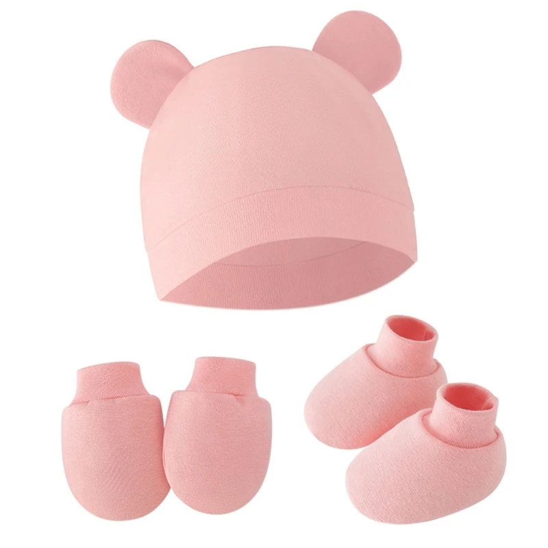 Newborn Baby Hat, Anti-scratches Gloves and Socks Set Cotton Headwear Ant-grab Mittens and Foot Cover for Boys Girls