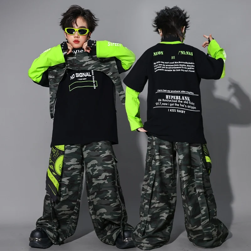 Jongens Hip Hop Kostuum Jazzdans Outfit Groen Zwart Top Camouflage Broek Kinderen Prestaties Outfit Street Dance Kleding 2536