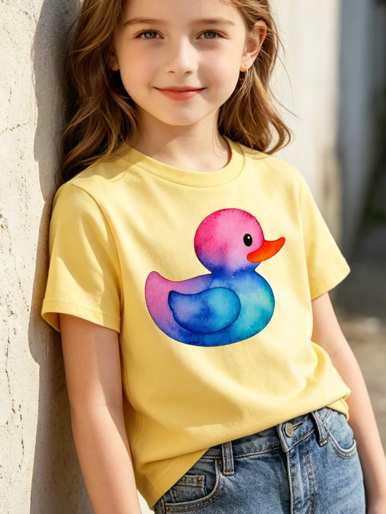 Family Match T Shirt Watercolor Rainbow Rubber Duck Print Cotton Short Sleeve Tee For Girl Boys Toddler Parent Lovely Daily Wear
