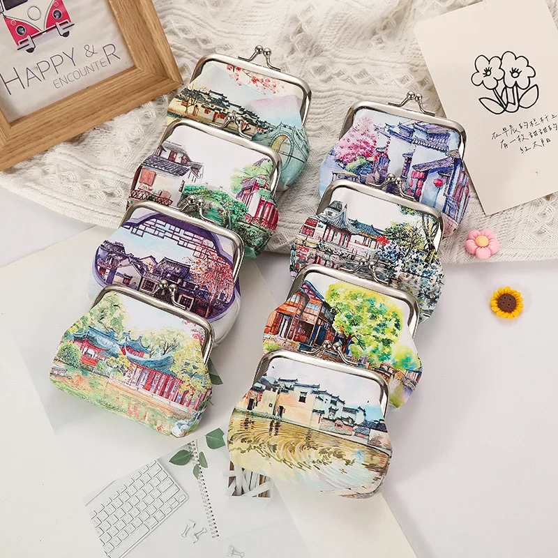 

12PCS Fashion PU Leather Coin Purse Waterside Towns Women Small Change Money Bags Holder Wallet Mini Pouch Souvenir