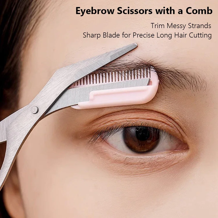 Tijera de afeitar para cejas rosa, recortadora segura antiarañazos de acero inoxidable para principiantes, herramienta de belleza afilada de media luna