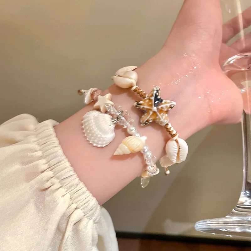 

Bead Stacked Bracelet Set For Women Starfish Shell Embellishment Bracelets Elegant Women's Summer Beach Party Ideal Jewelry