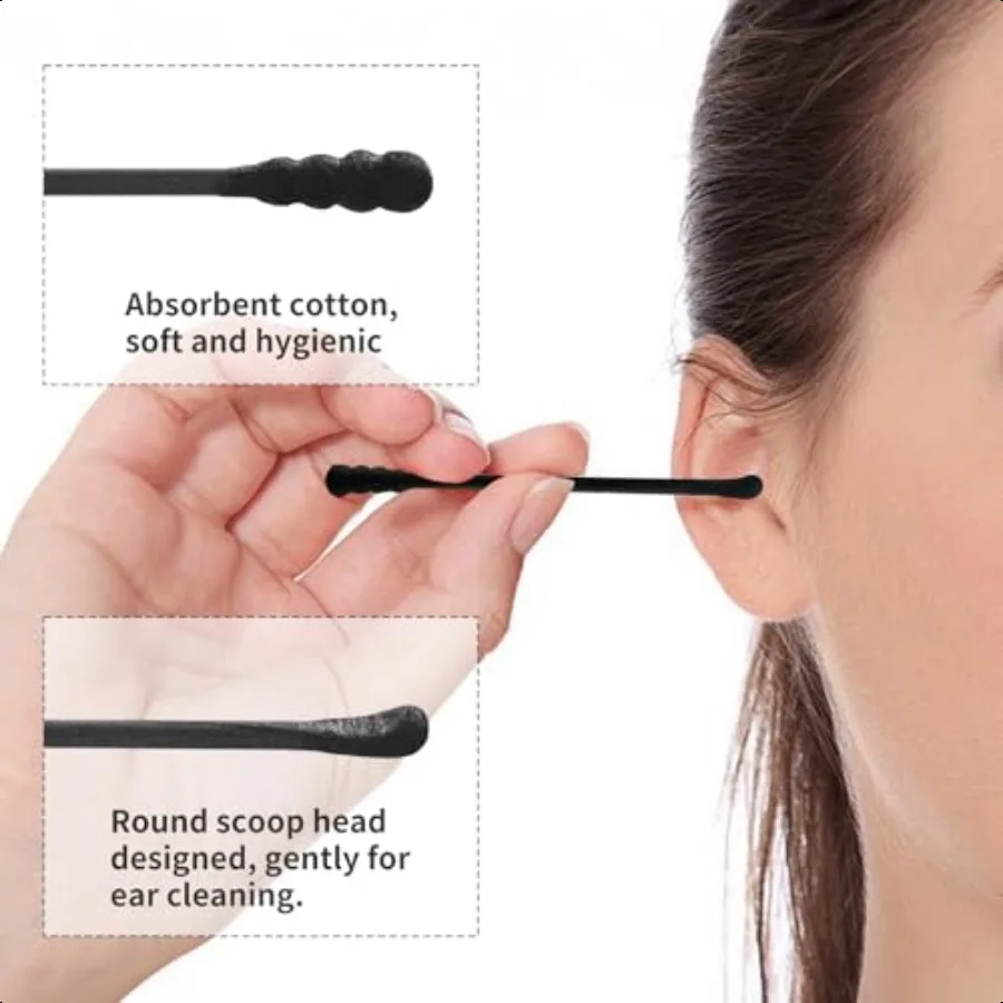 160 Batang Kapas Hitam Ujung Ganda Bentuk Spiral untuk Membersihkan Telinga, Bebas Serat, Tongkat Kertas Biodegradable, Multiguna untuk Riasan