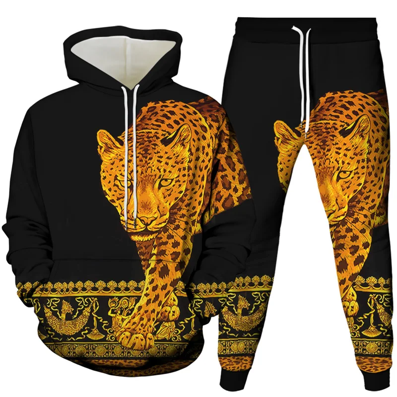 

Vintage Luxury Style Men Tracksuit Animal Leopard Lion 3d Print Unisex Sportwear Clothing Suit Hoodies +Pants 2Pcs Sets