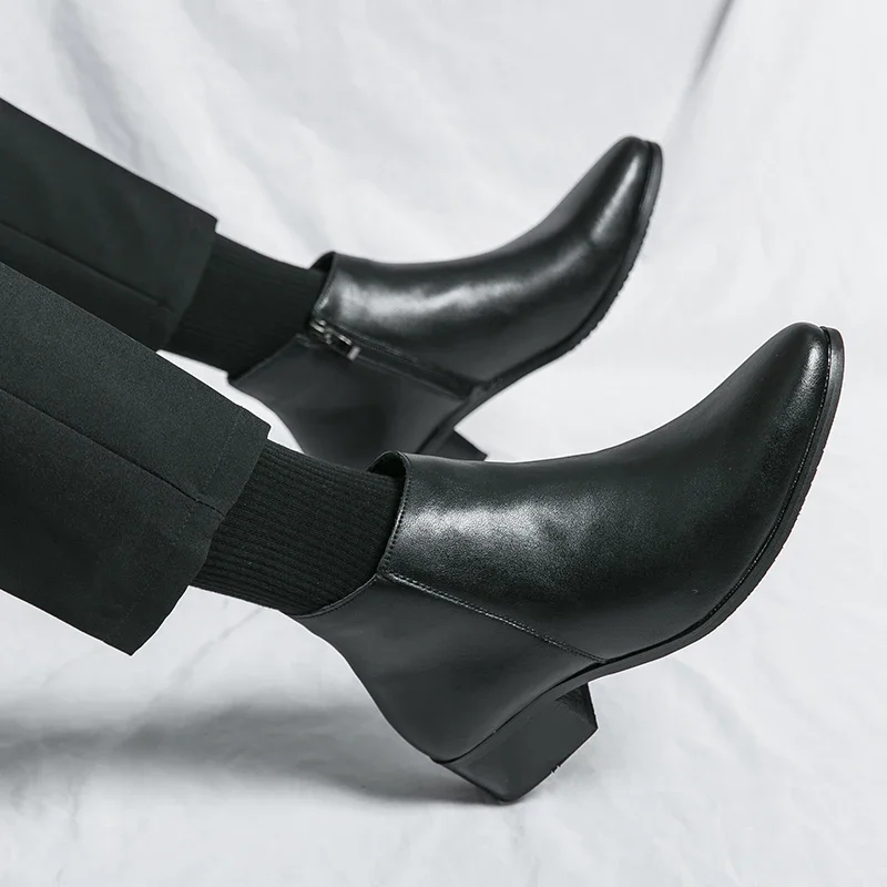 Klassische schwarze Leder-Stiefeletten für Herren und Damen im britischen Stil, Chelsea-Stiefel mit spitzer Zehenpartie, bequeme High-Top-Schuhe – Detail 11
