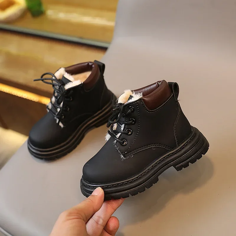 2024 Children Casual Shoes Winter Plush Boots Boy Shoes Fashion PU Leather Soft Antislip Girl Boots Baby Kids Sport Shoes