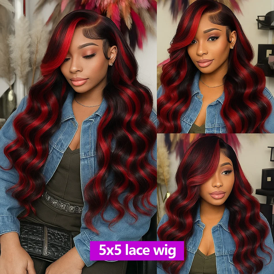 簡単インストール 1B/27/レッド 30 インチ事前摘み取られた人毛ウィッグ 5x5 レース閉鎖グルーレス実体波 200 密度初心者に優しい