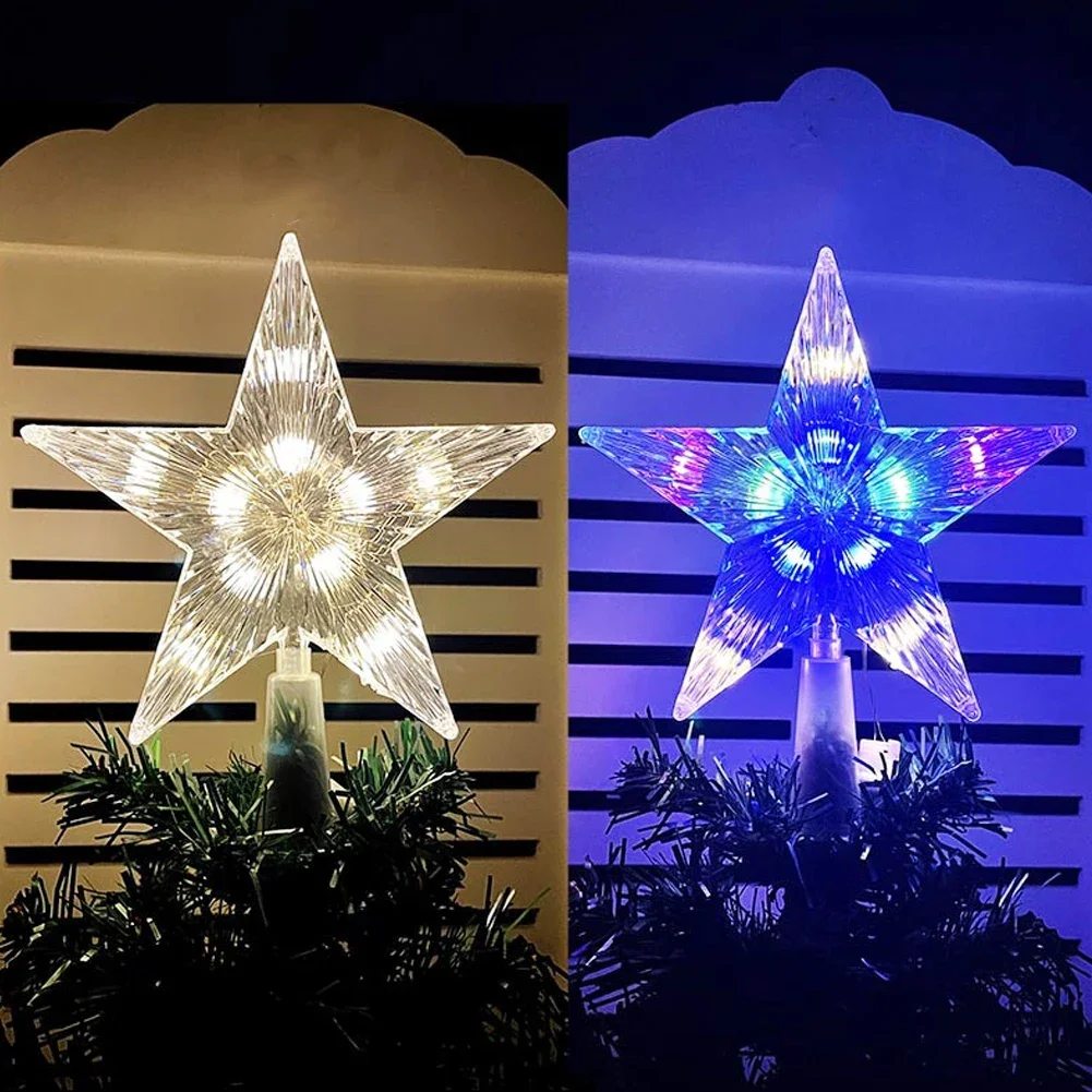 15cm Transparent Ornament Star Topper with LED Light Glowing Christmas Tree Topper Xmas Tree Five-pointed Star for Home Decor