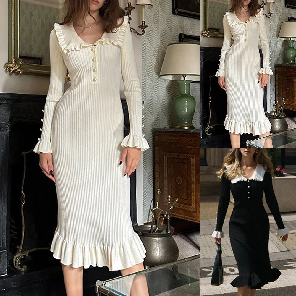 여성 드레스 드레스 고탄력 긴 소매 폴리에스테르 레귤러 러플 맥시 드레스 슬림 롱 드레스 편안한 패션