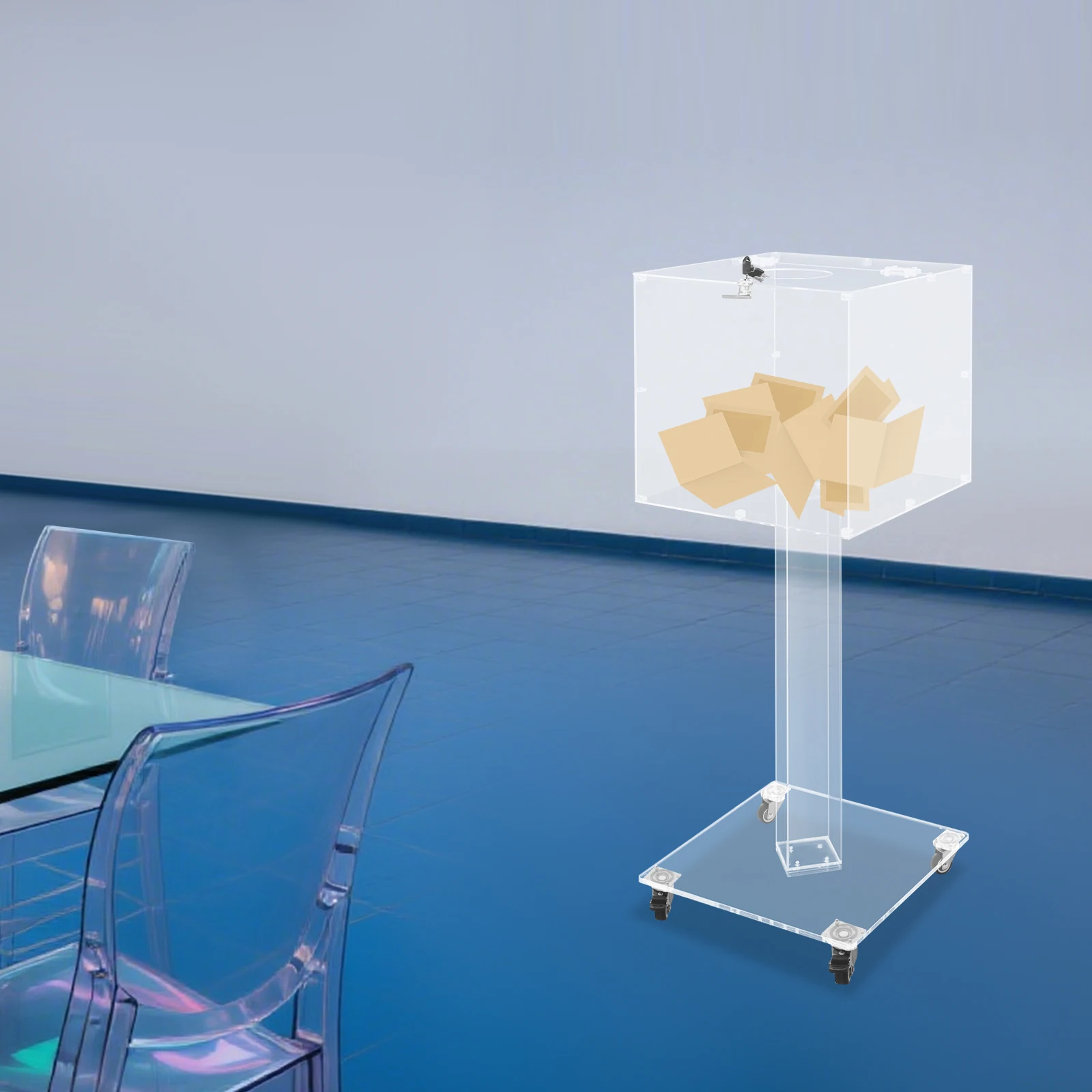 صندوق احترافي مستدير من الأكريليك الشفاف مع قفل ومفتاح، صندوق تبرع قائم على الأرض مع عجلات للاجتماعات والانتخابات والمكتب #5