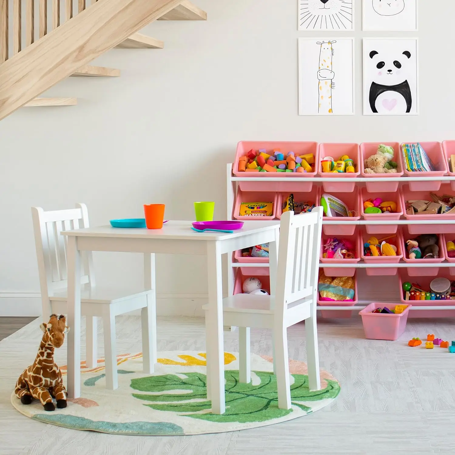 Witte houten vierkante kindertafel en 2-stoelenset voor woonkamer en slaapkamer