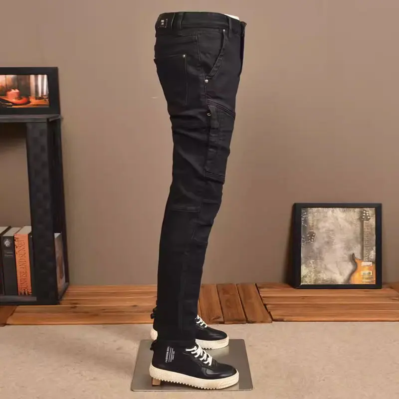 Streetwear Fashion Men Jeans Black Stretch Slim Fit Spliced Designer Biker Jeans Homme Patched Hip Hop Denim Punk Pants Hombre