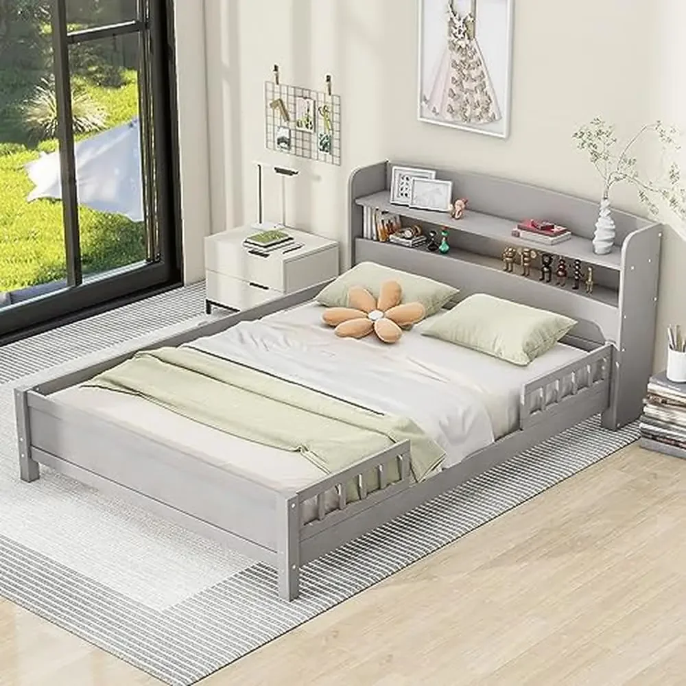 

Kids Solid Wood Bed Frame with Built-in LED Light Storage Frame White/Grey Sturdy Guardrail Full Bed High Load Capacity Solid