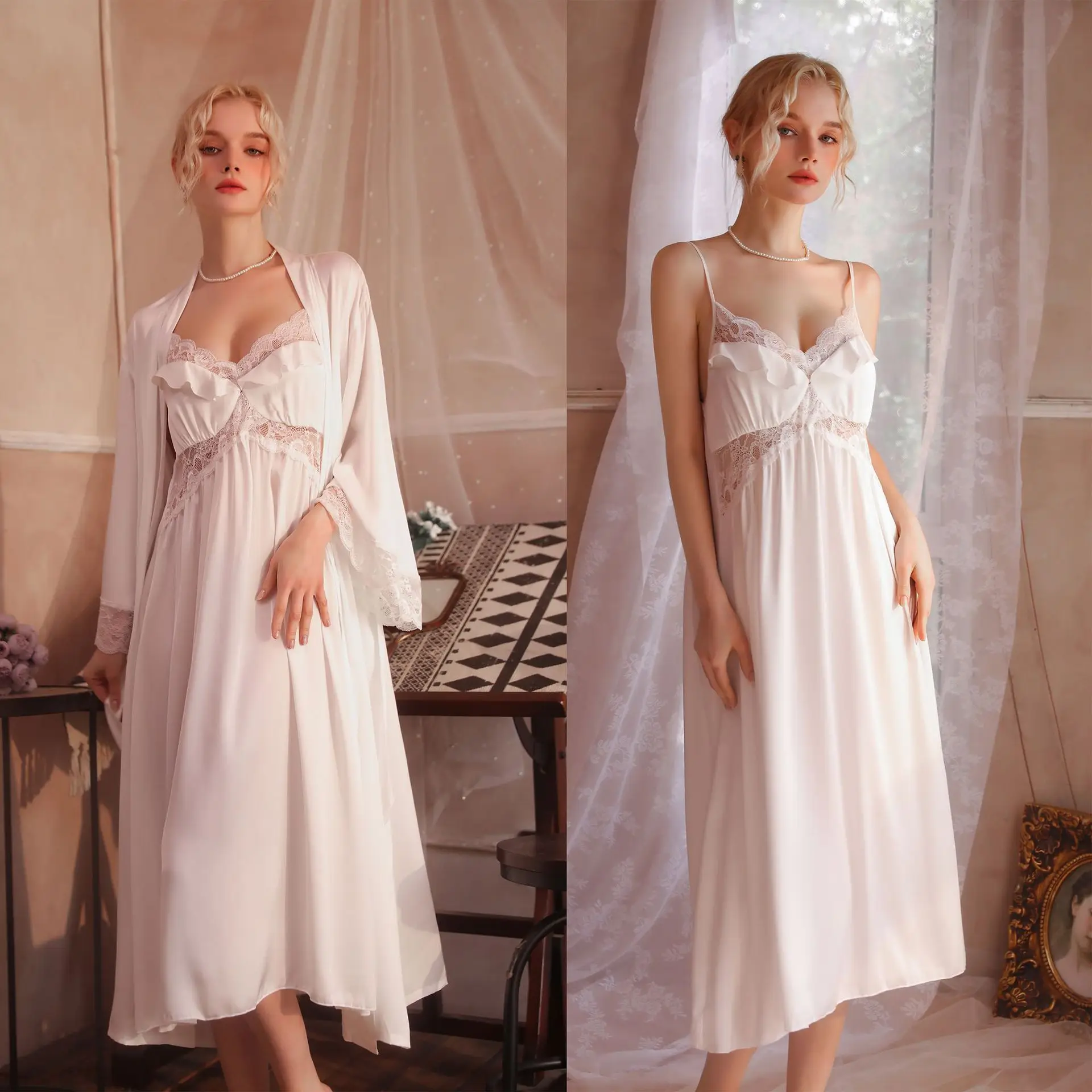 

Spring Sexy Ruffles Ice Silk Satin Long Style Robe Nightdress 2PCS Sleepwear Bride Birdesmaid Homewear Kimono Bathrobe Nightgown