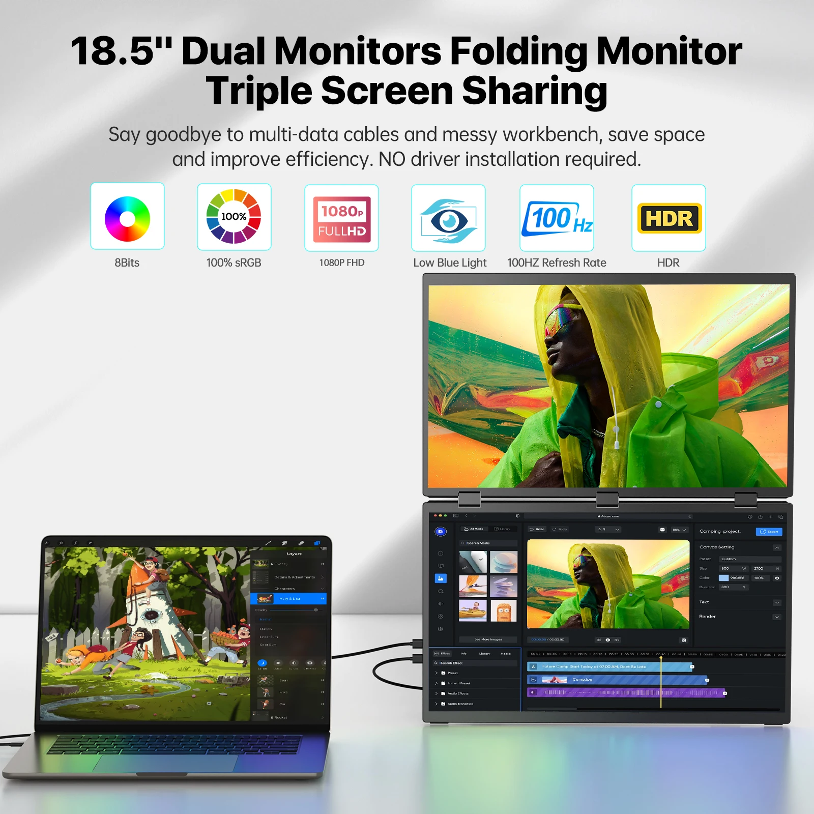 Imagem -04 - Uperfect Delta 185 100hz Monitor Portátil Duplo para Laptop Extensor de Tela 1080p Hdr 360° Monitor Triplo Empilhado Dobrável com Suporte e Vesa para Laptop pc Telefone Console de Jogos Windows Mac