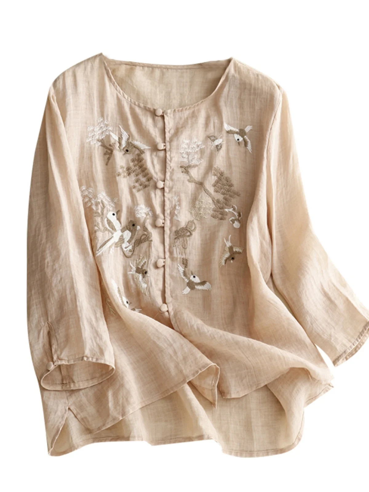 

Летний льняной топ с тяжелой вышивкой, большой размер, женский круглый льняной топ в стиле ретро, удобный дышащий повседневный топ...