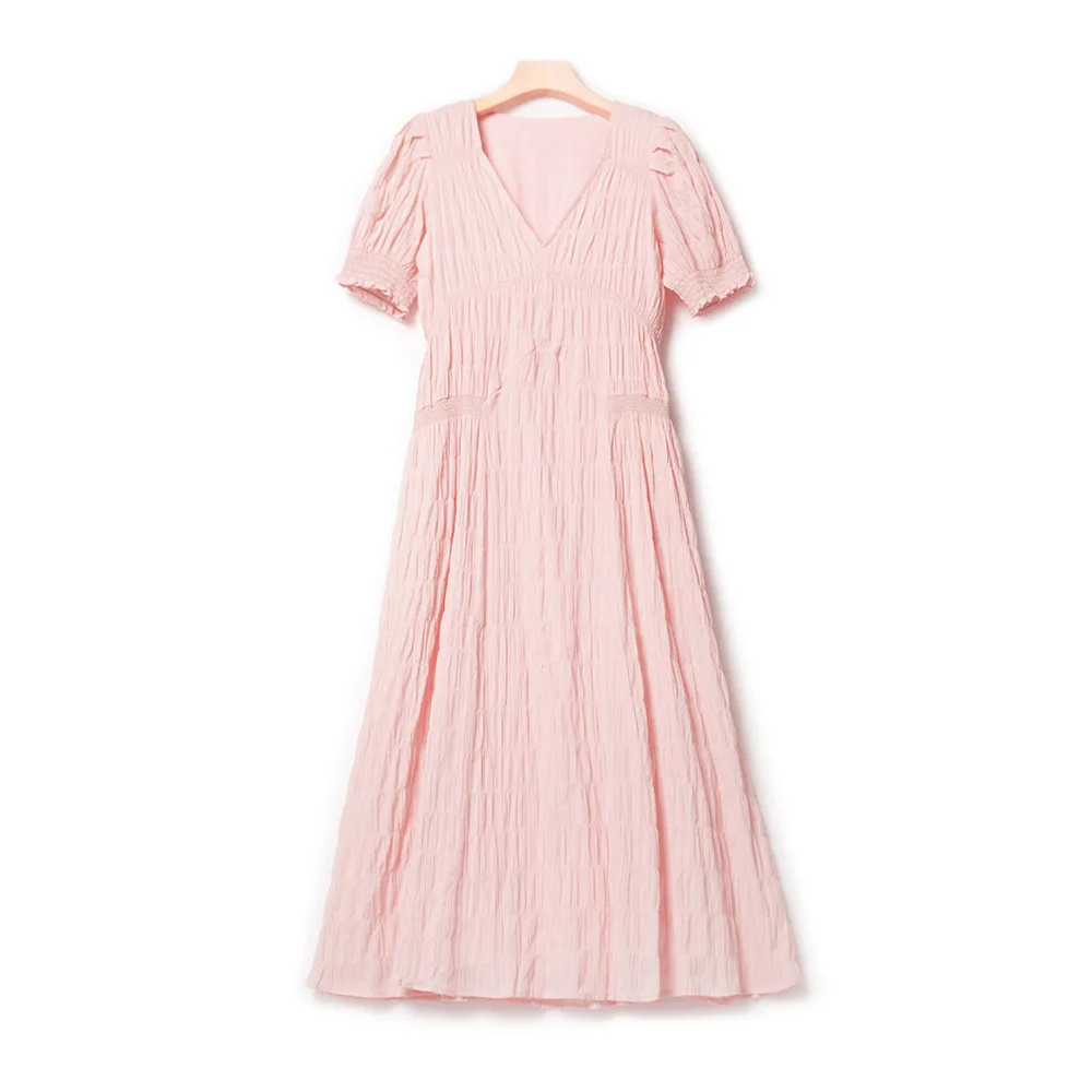 

2023 Summer Fresh Women's Pink V-Neck Pleated Bubble Sleeve Slim Fit A-line Midi Dress