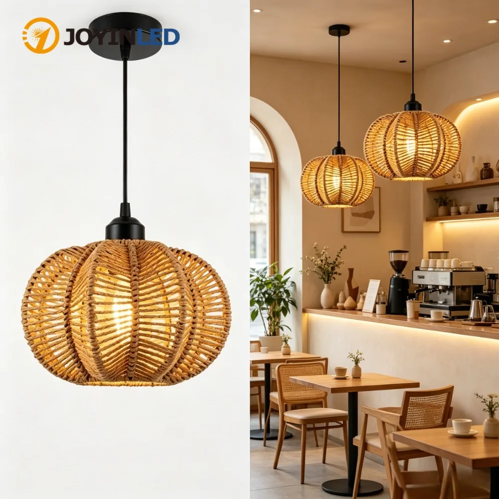 JOYINLED Paper Rope Pendant Light, Handmade Boho Natural Woven Wicker Ceiling Lamp, Rattan Chandelier for Living Dining Room E27