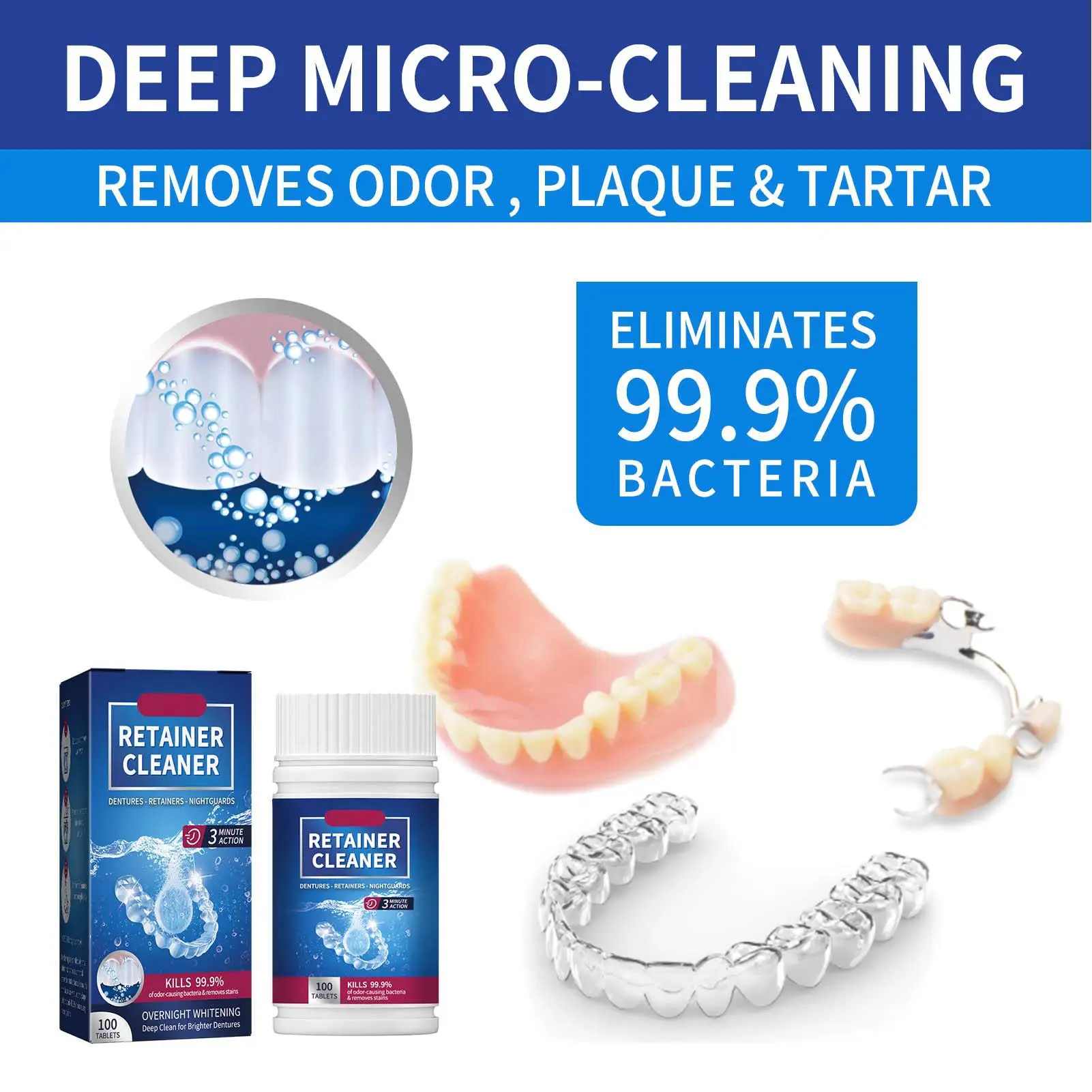 Comprimidos De Limpeza De Dentaduras, Limpador De Retentores Orais Para Alinhadores, Protetores De Boca, Remove Odor e Manchas, 100Pcs