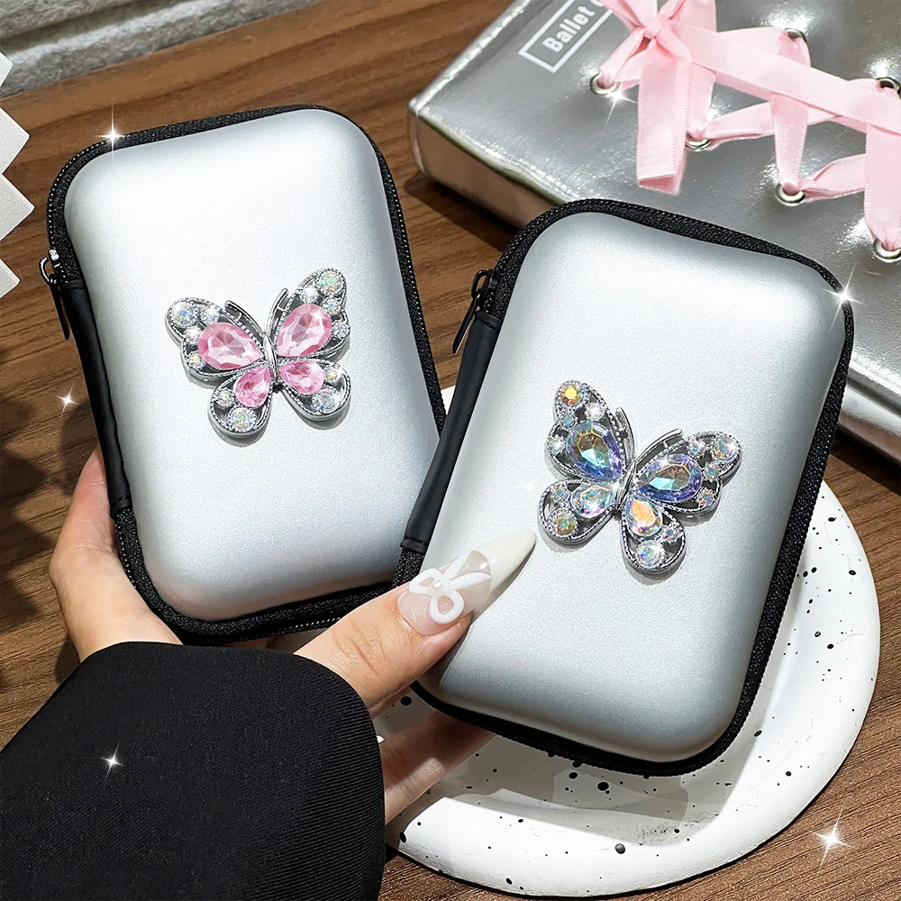 ブリンブリングリッターバタフライ収納バッグデータケーブル充電器ジッパーバッグ旅行用ポータブル化粧品ジュエリー収納保護ケース