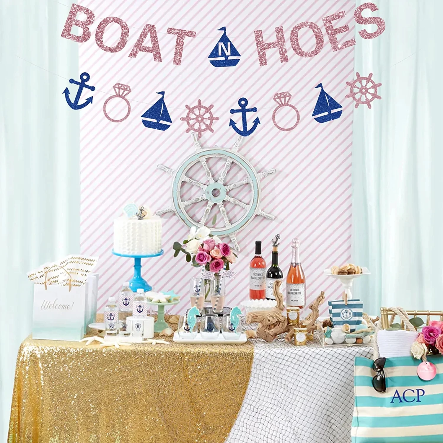 Rose Gold Glitter Boats N Hoes Banner Nautical Garland for Anchor Cruise Bachelorette Party Decorations Bridal Shower Supplies