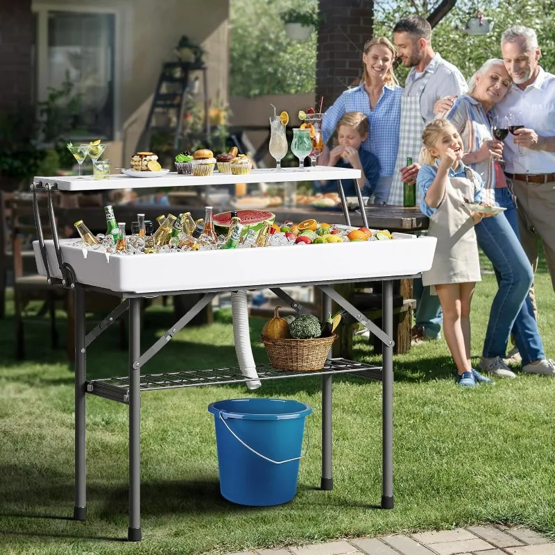 

Folding Bar Ice Table, 40.5" Two-Tier Ice Cooler Table with Skirt & Drain Hose, Outdoor Cooling Server with Metal Shelf, White