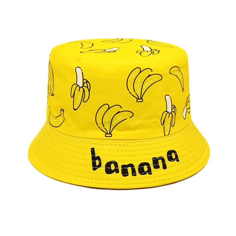 Bocca Banana Pattern Bucket Hat Children Fisherman Hats Cartoon Panama Panama Cap 54cm Boy Girl Kid Double Sides Outdoor Sun Cap