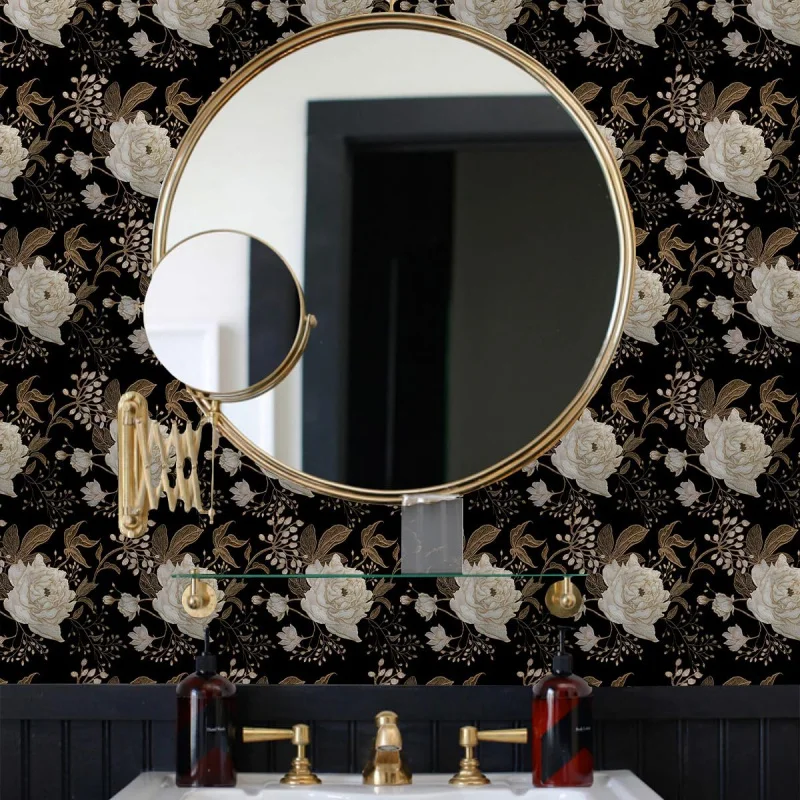 Papel de parede floral preto com casca e bastão, papel de contato de 17,7 polegadas x 118,1 polegadas, autoadesivo vintage