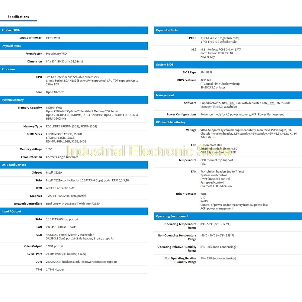 Proprietary WIO LGA-4189 2TB 3DS DDR4-3200MHz C621A 10XSATA 3 For Supermicro Server Motherboard X12SPW-TF