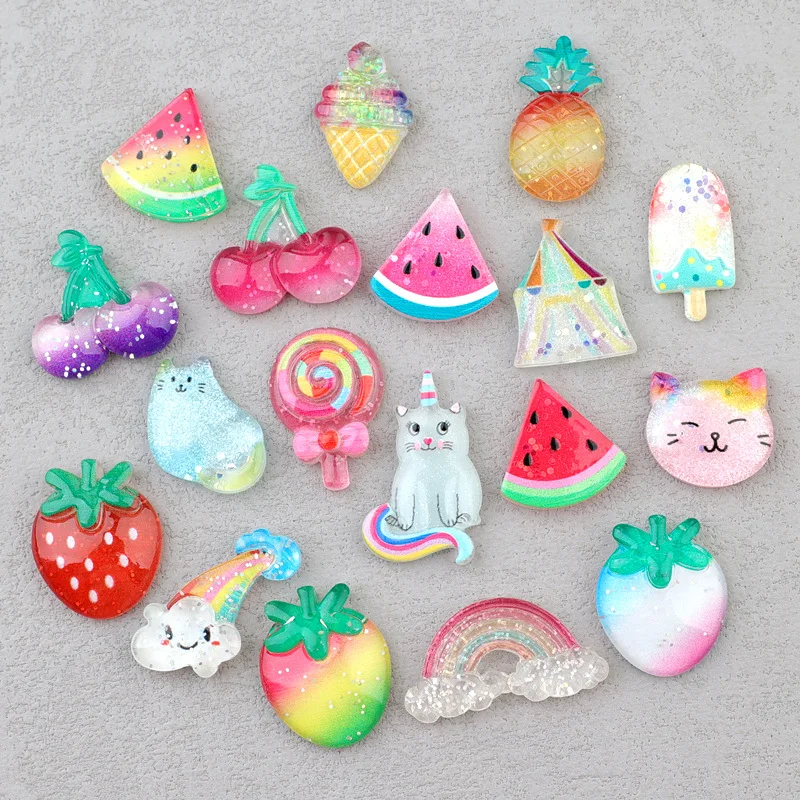 5pcs cute rainbow fruit cat resin flatback diy kawaii resin accessories crafts materials scrapbooking embellishment