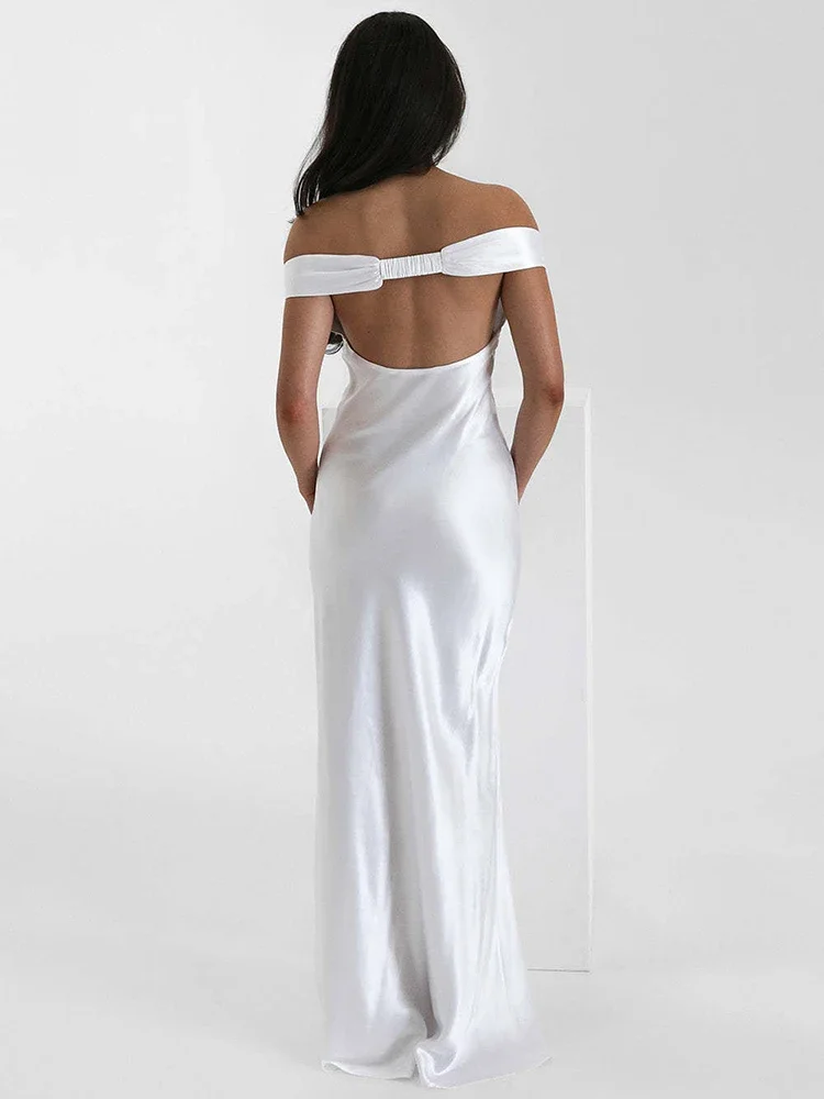 Chaxiaoa cetim fora do ombro sem costas sexy maxi vestido feminino moda sem alças sem mangas cintura alta clube festa vestidos longos