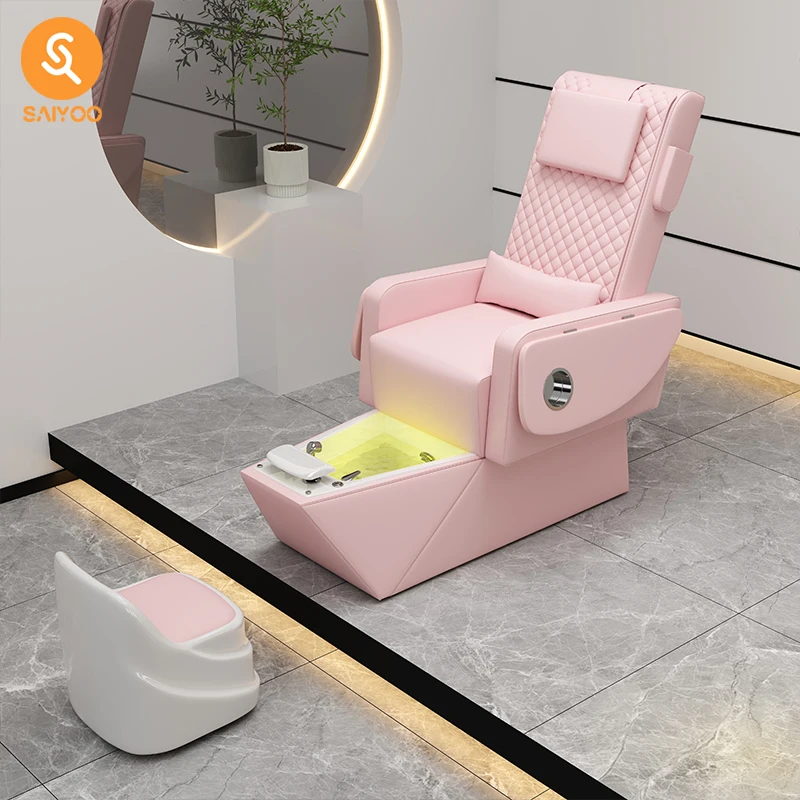 Sillón de pedicura rosa suave y cómodo con funda de asiento, ideal para salón de manicura