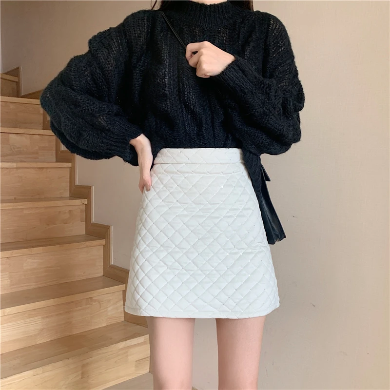 EasyGarment Spring Black High Waist Sequin A-Line Women\'s Winter Clothes  New Slim Quilted Velvet Mini Skirt