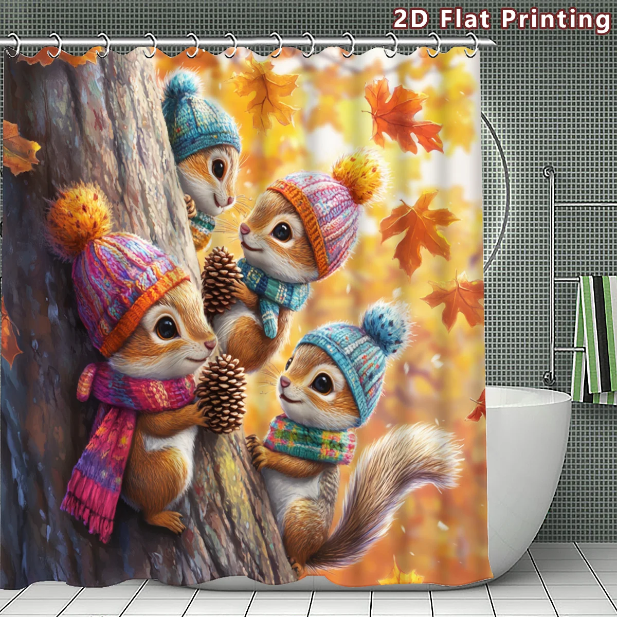 Cute Squirrel Family Autumn Forest Scene Shower Curtain Waterproof Bathroom Decor Gift for Kids