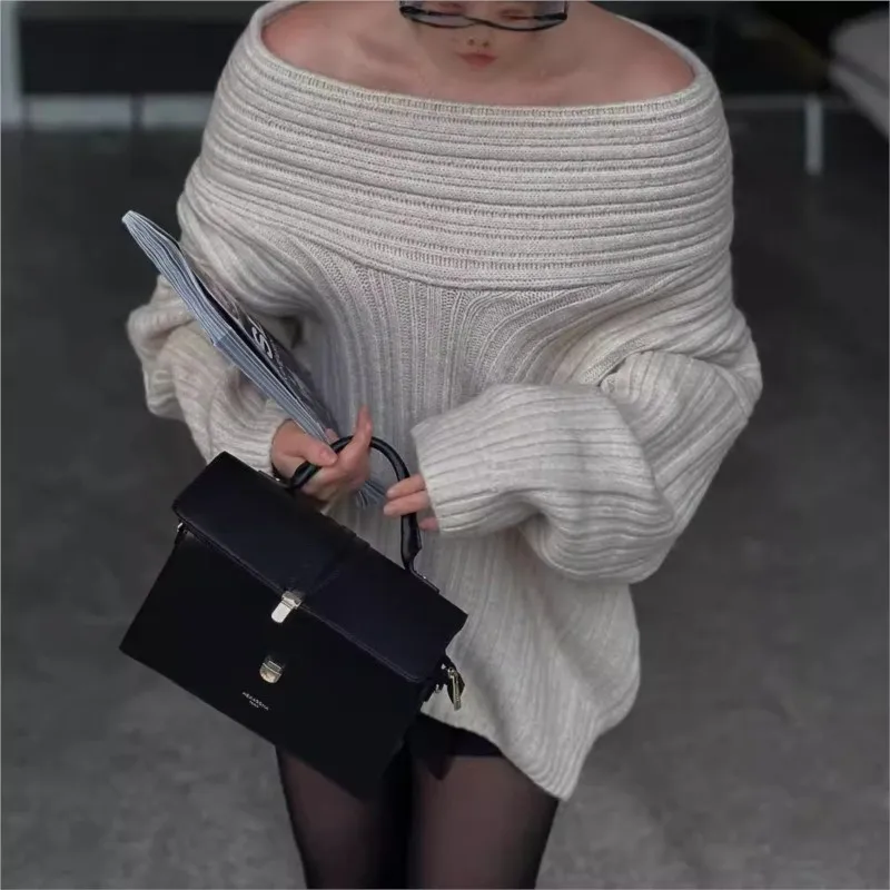 

Knit Sweater Pullover For Women Loose Off-Shoulder Ribbed Long Sleeve Fashion Streetwear Knitwear Casual Autumn Sweater