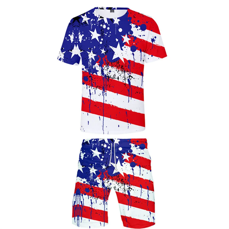 

American Flag Colors Men Sets Stars and Stripes Casual Shorts Fitness Outdoor T-Shirt Set Summer Hawaii Suit men women Clothing
