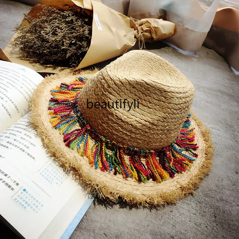 Korean version of rainbow tassel raffia hat women's beach big edge vacation hat seaside outdoor sunscreen hat