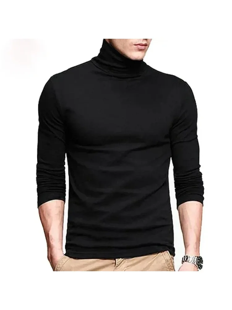 Nouveaux hommes mode T-shirt t-shirts hauts minces mâle Stretch T-shirt col roulé à manches longues t-shirts col haut hommes coton t-shirts