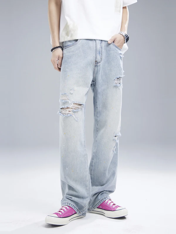 

Модные мужские джинсы в американском стиле, весенне-летние широкие брюки с дырками, свободные длинные брюки прямого кроя, повседневные джинсы