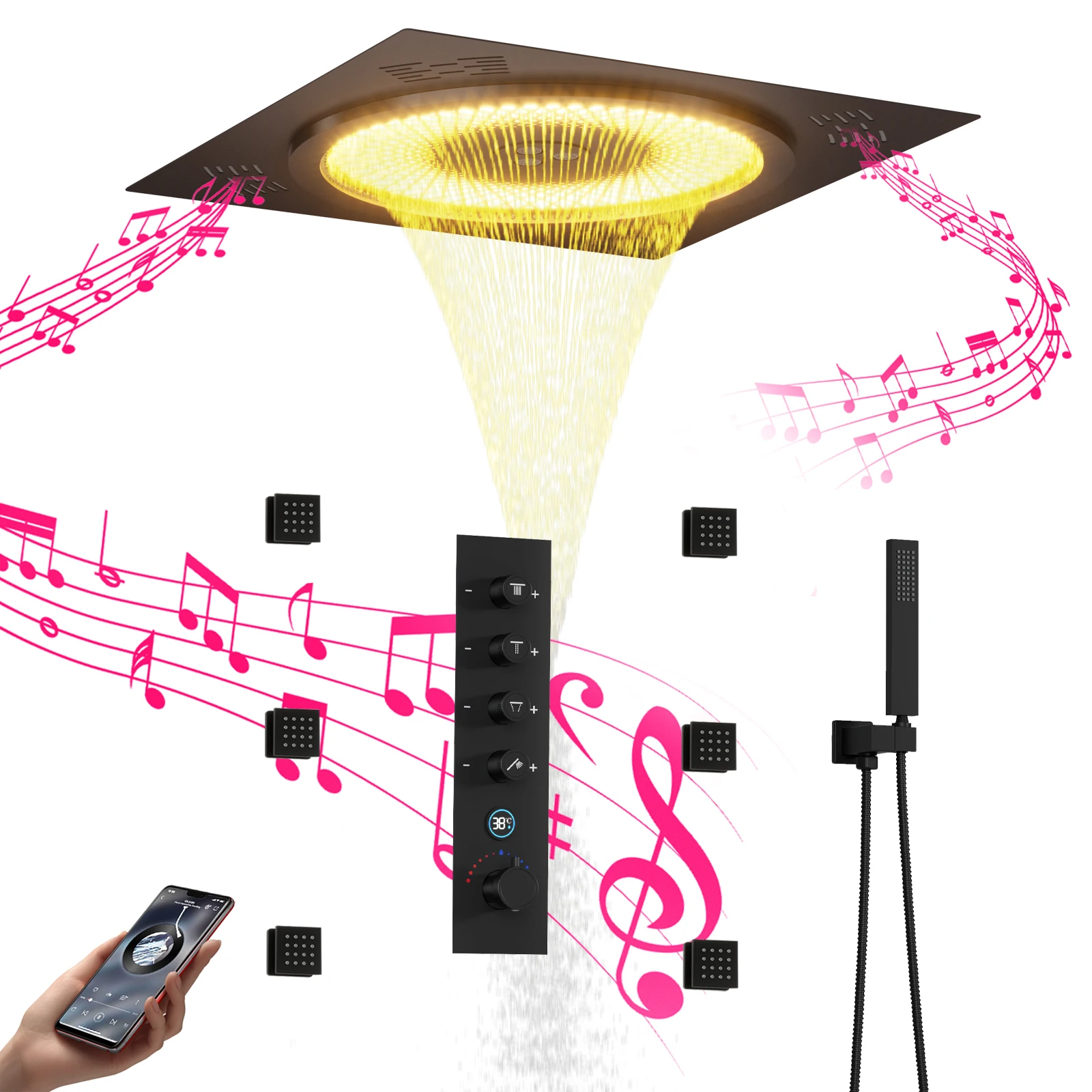 Ceiling Music Led Shower System 20 Inch Rain Shower Head Thermostatic Digital Display Bathroom Shower Faucet Set