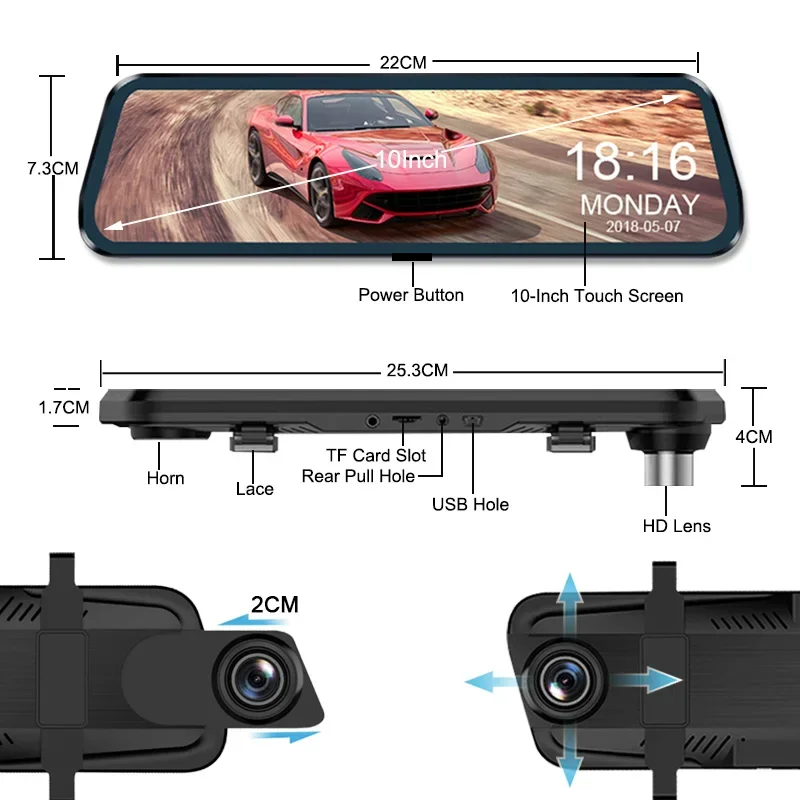 9.66 Inch Dash Cam Carplay HD Front Rear Camera DVR Full Touch Mirror Screen Support Wide Angle Night Vision Camera Car Recorder