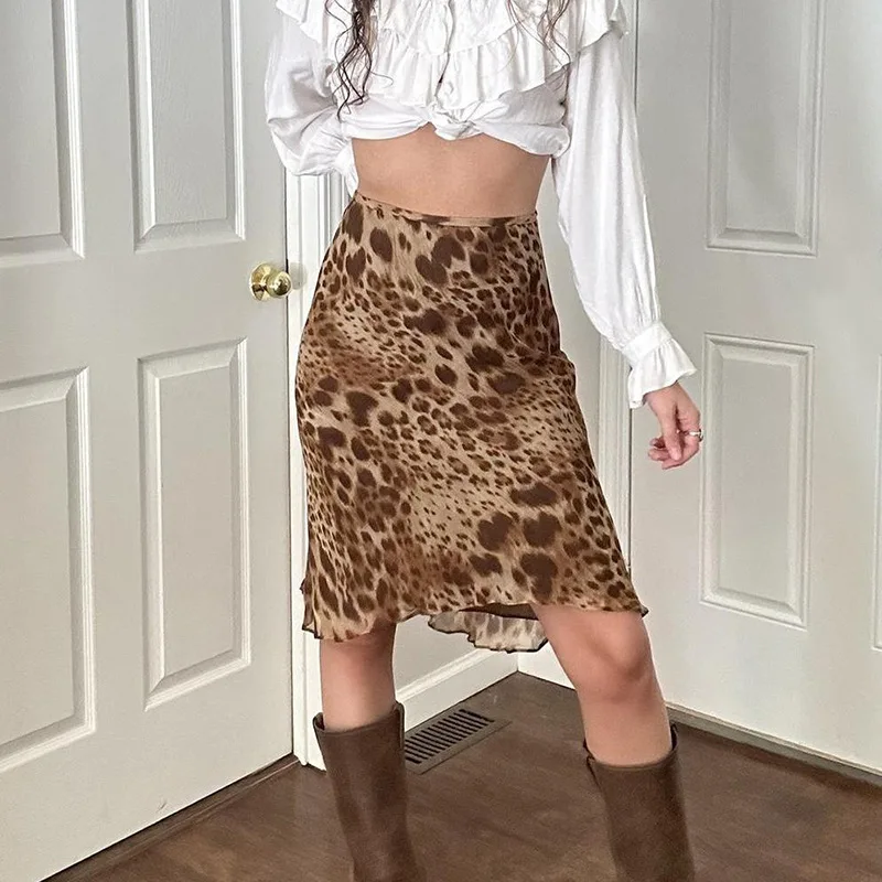 Women Midi Skirts 2026 Spring Summer New Women's Vintage Leopard Print Low Waist Mesh Sexy Asymmetric Hem Slim Fit Skirt